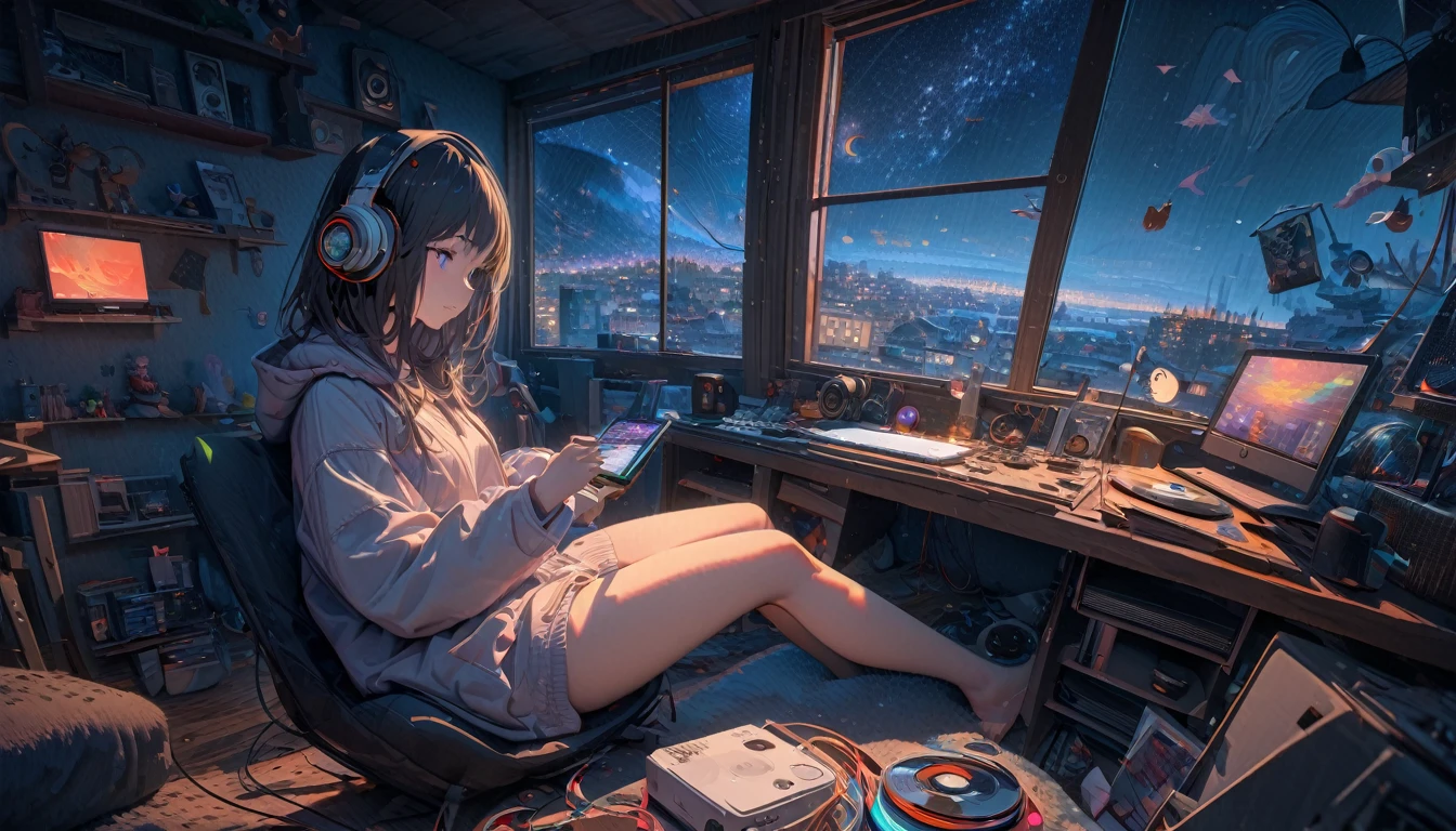 girl sitting in front of a computer in a cozy bedroom, girl listening to music in a cozy room (night), Using headphones, on the roof, (beautiful night views from windows), lots of things,very detailed, hard disk, surreal, 8k, masterpiece