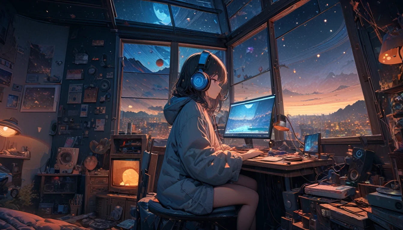 girl sitting in front of a computer in a cozy bedroom, girl listening to music in a cozy room (night), Using headphones, on the roof, (beautiful night views from windows), lots of things,very detailed, hard disk, surreal, 8k, masterpiece