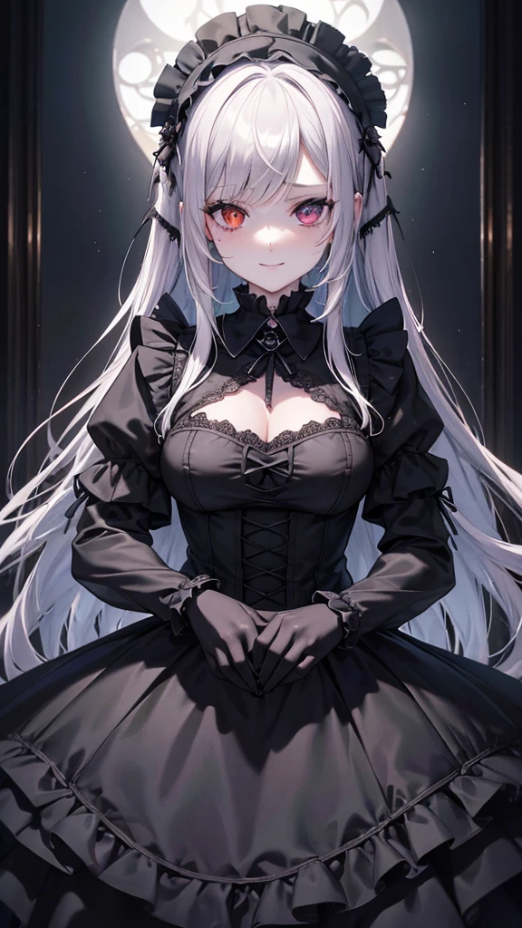 Black translucent suit, Maid, Front,smile,cover the skin,heterochromia,Right eye red,Czo Mucin,unity 8k wallpaper, super detailed, Beautiful, Beautiful, ((new goth girl:1.4)), masterpiece, top quality, Dark, In the atmosphere, mysterious, romantic, creepy, literature, Art, fashion, Victorian, decoration, difficult, Metalworking, Race, contemplation, depth of emotions, Supernatural, 1 girl, One, hip Sex, hentai