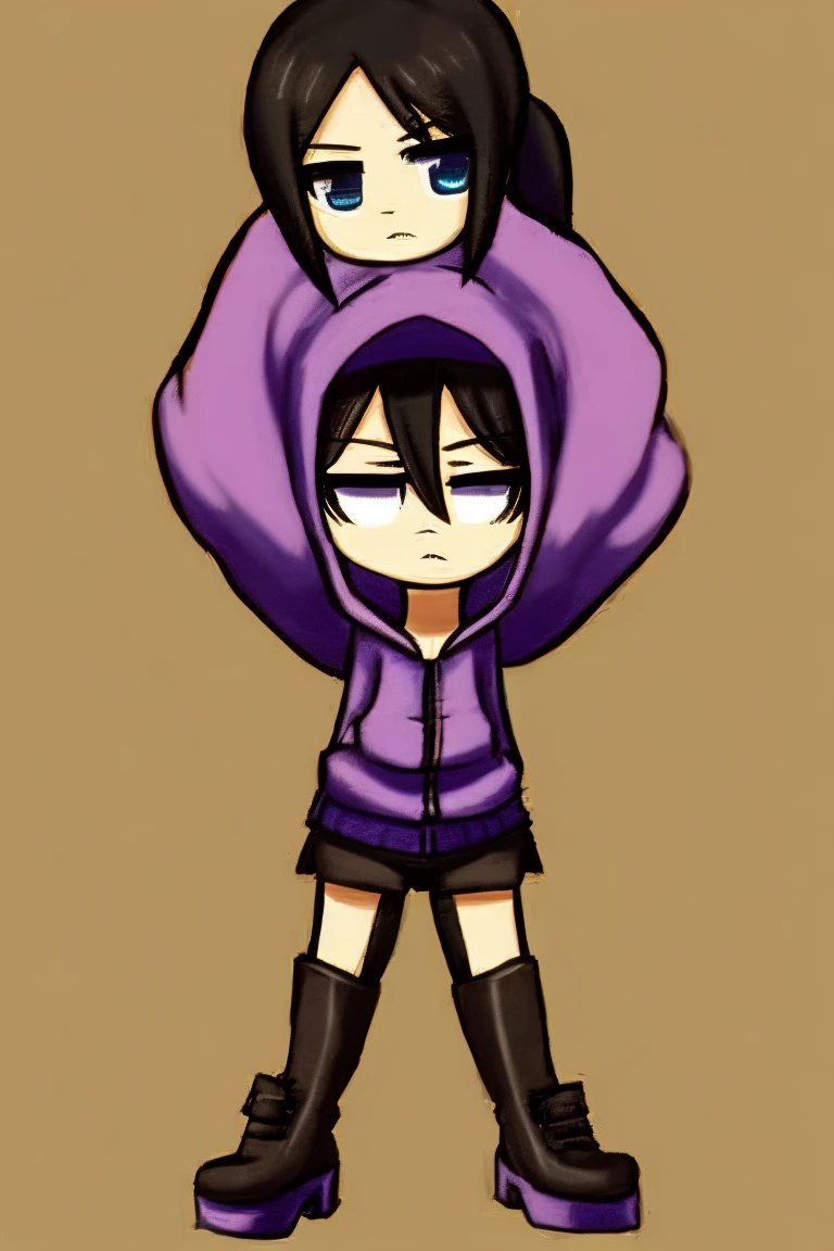 conjoined, 2heads, girl with two heads instead of one, 2head, cuerpo curvilineo, brazos curvilineos, shorts, ropa abrigada, piernas curvilineas, anime cartoon, using a purple hoodie, each head has a ponytail, anatomia proporcionada, torso ancho, pechos medianos, full body, perspectiva en picada, platform boots, black boots, black skirt, pantyhose, black high heels Bored