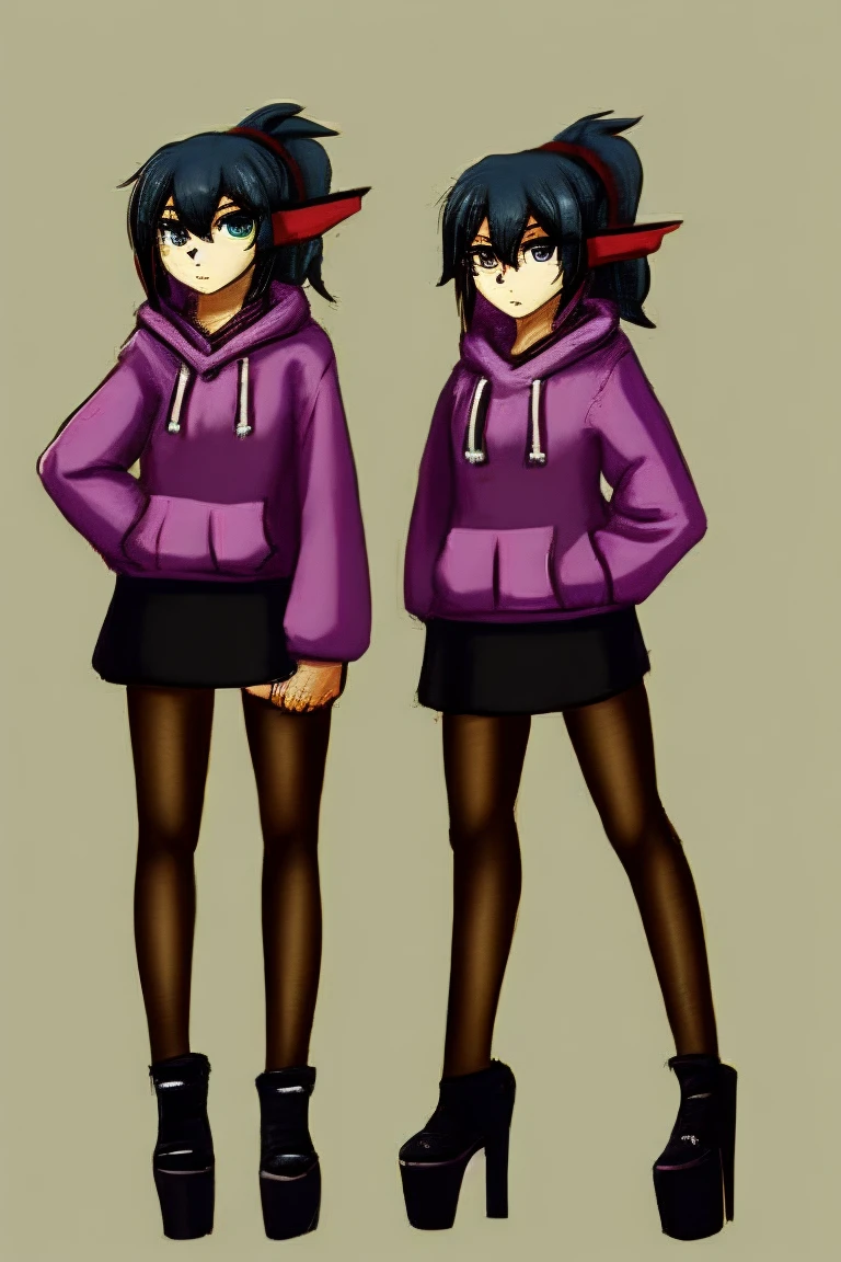 conjoined, 2heads, girl with two heads instead of one, 2head, cuerpo curvilineo, brazos curvilineos, shorts, ropa abrigada, piernas curvilineas, anime cartoon, using a purple hoodie, each head has a ponytail, anatomia proporcionada, torso ancho, pechos medianos, full body, perspectiva en picada, platform boots, black boots, black skirt, pantyhose, black high heels Bored
