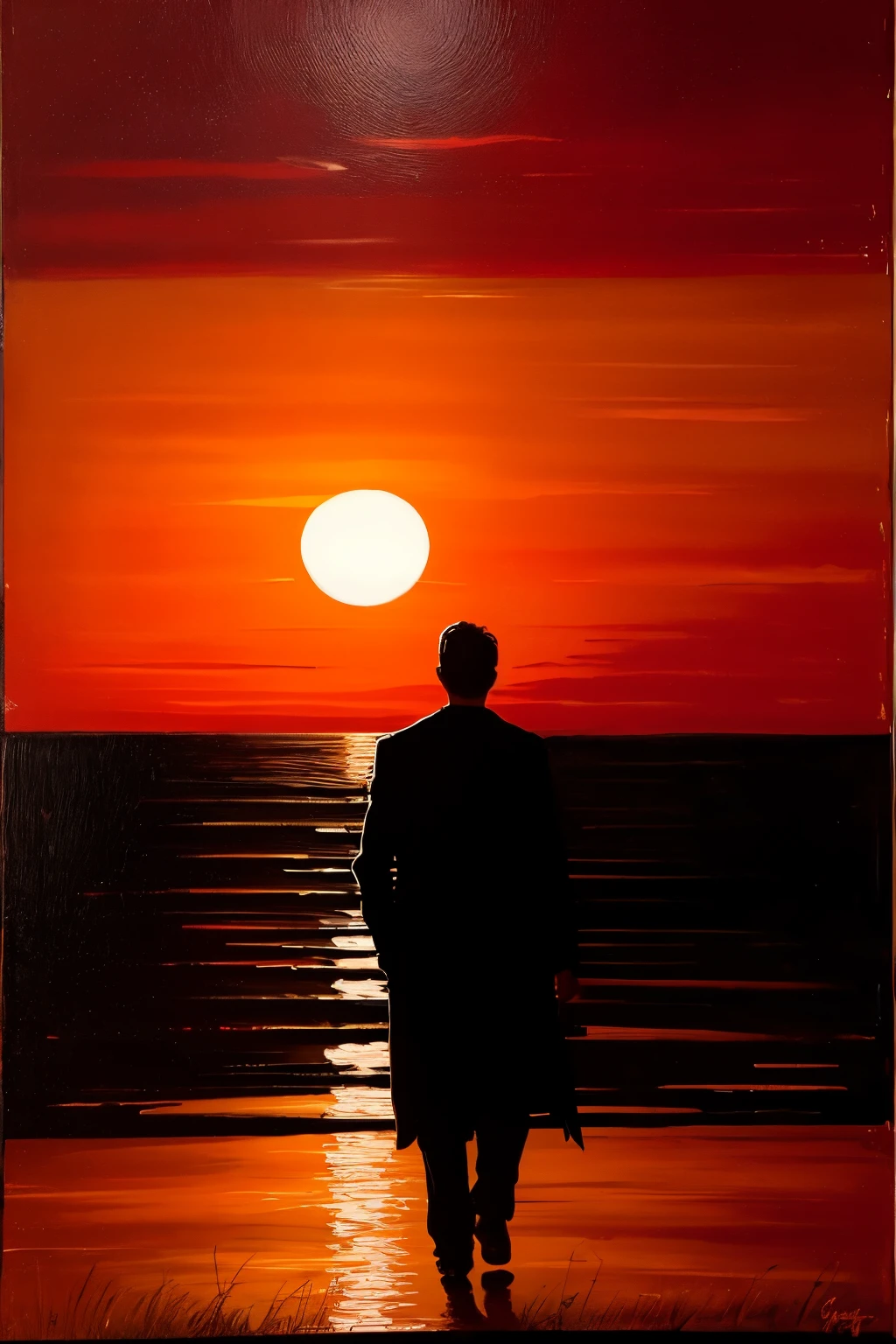 An oil painting in the impressionistic style, bathed in dark hues, depicts a solitary figure of a man against the backdrop of a fading sunset. The man is silhouetted against the setting sun, casting long shadows that dance upon the canvas. The brushstrokes are loose and expressive, capturing the transient nature of the scene. The dark colors contrast dramatically with the vibrant oranges and reds of the sunset, creating a sense of mystery and intrigue. The painting is imbued with an emotional depth that resonates with the viewer, capturing the sublime beauty of nature in its darkest hours.