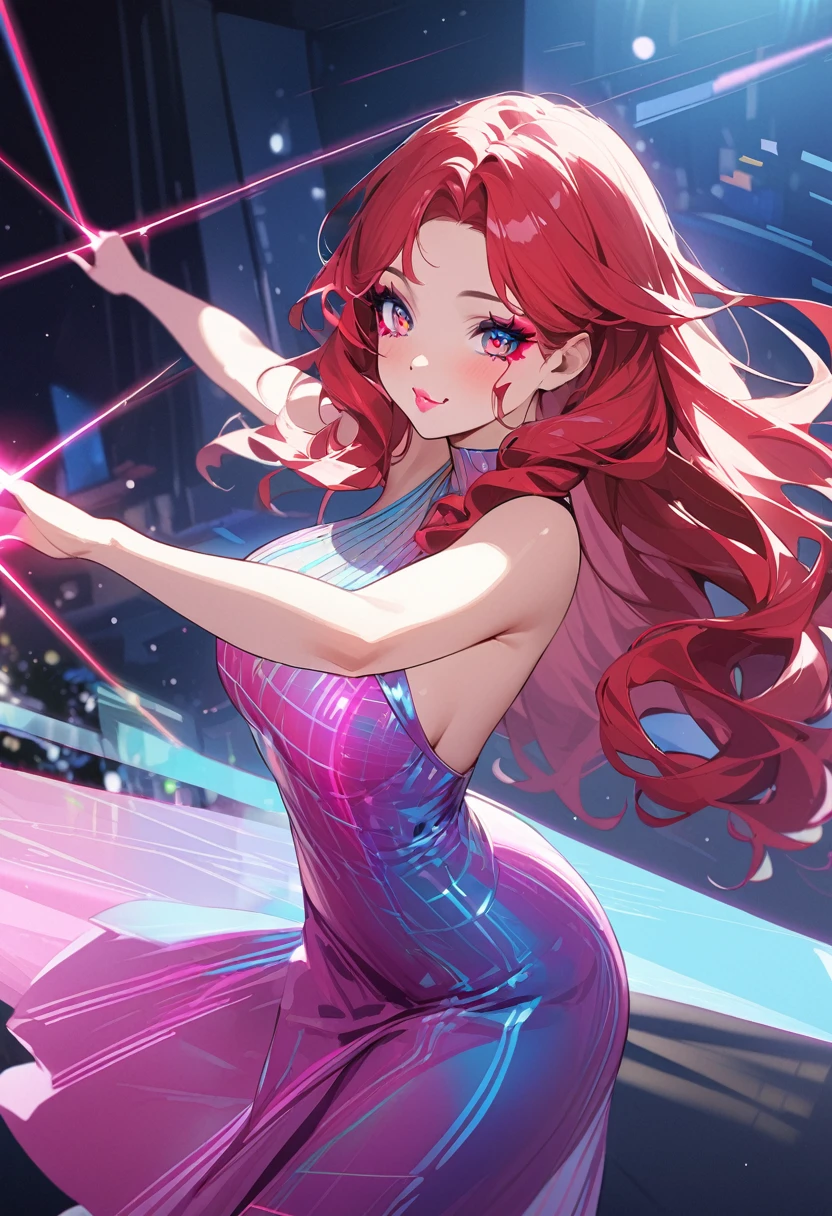 Highest quality、High resolution、Detailed Background、Beautiful face in every detail、Detailed facial expressions、Beautiful women in their 20s、Brightly colored hair、Long Hair、Wavy Hairstyle、Cute Eye Makeup、Cute Lip Makeup、Perfect body line、Vibrant、(Beautiful woman dancing in a holographic laser dress under the lights:1.5)、
Dance to the rhythm with relaxed steps to impress.、Eyes that everyone admires、Bodycon Dress、Color is black or red、Navy etc.、It's also a good idea to incorporate glamorous details such as lace and metallics.、Add subtle accents with necklaces, earrings, rings, etc.、very beautiful