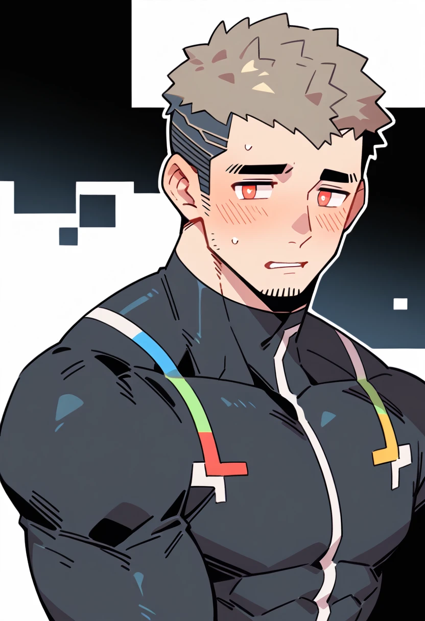 anime characters:Gyee Priapus, Muscle Sports Student, Buzz Cut, Manliness, male focus, Compression bodysuit, Yellow and black high collar long sleeve tight diving suit, Very tight, Regular symmetrical pattern, full and perky chest muscles, muscular male, muscular, only, Upper body, alone, Red short hair, Thick eyebrows, stubble, Brown-red pupils, White background, simple background, amazing quality, best aesthetics, Ridiculous, crew cut, parted lips, flustered, endured face, shy, blush, negative space, best quality