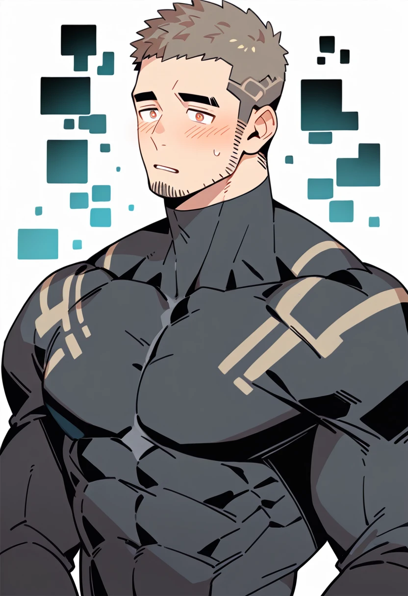 anime characters：Gyee Priapus, Muscle Sports Student, Buzz Cut, Manliness, male focus, Compression bodysuit, Yellow and black high collar long sleeve tight diving suit, Very tight, Regular symmetrical pattern, full and perky chest muscles, muscular male, muscular, only, Upper body, alone, Red short hair, Thick eyebrows, stubble, Brown-red pupils, White background, simple background, amazing quality, best aesthetics, Ridiculous, crew cut, parted lips, flustered, endured face, shy, blush, negative space, best quality