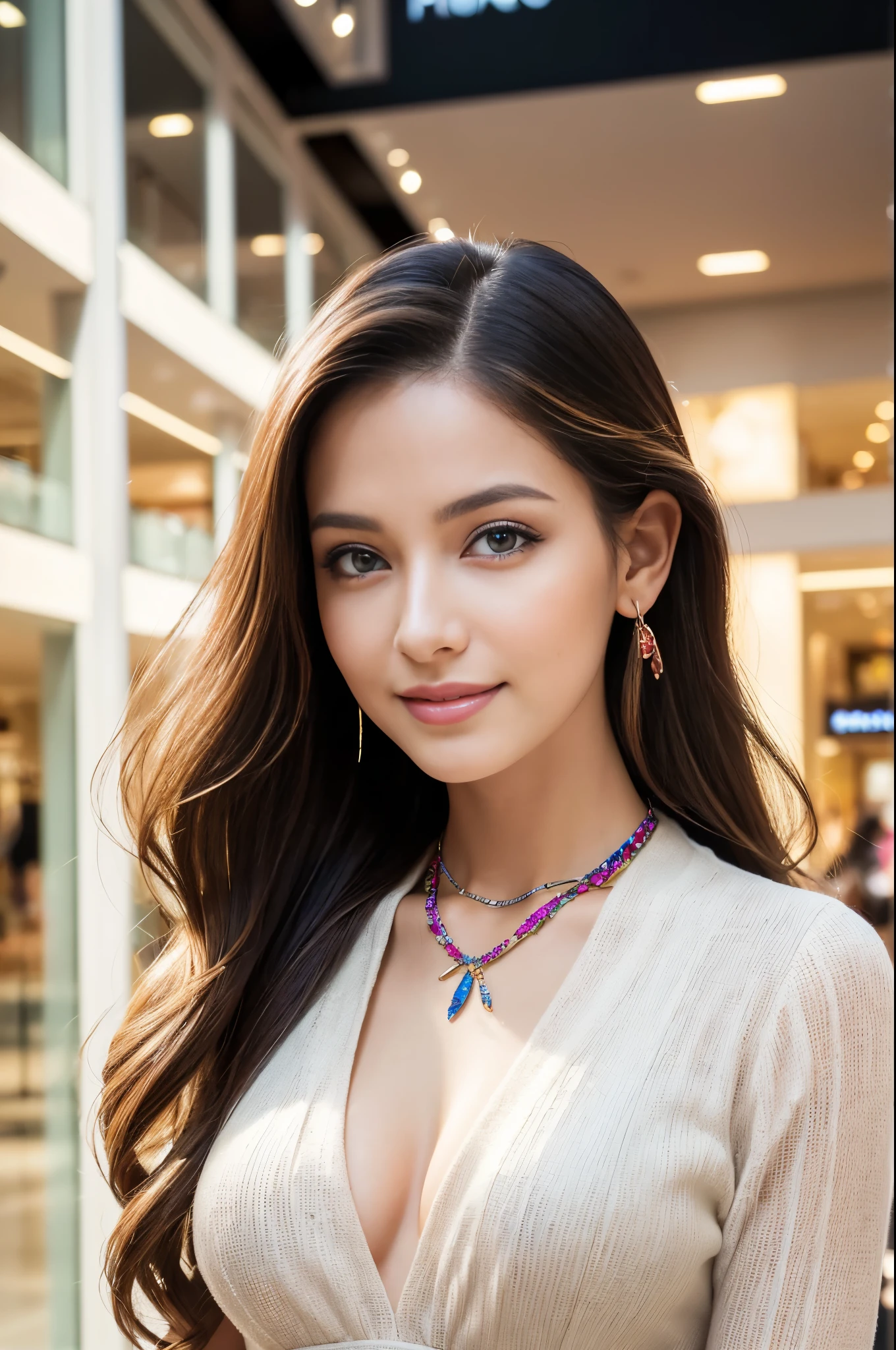 (masterpiece:1.4), (best quality:1.4), 4k, 8k, ultra high res, ultra high resolution, ultra detailed, ((detailed facial features)), HDR, (realistic, photorealistic, photo-realistic:1.37), closeup, sexy seductive Swedish model, (happy smile), (small breasts), (slim girl), long lashes, ultra detailed makeup, defined eyebrows, platinum blonde hair, fair skin, elegant posture, wearing large sparkling colorful jewelry, wearing a business style leather dress, standing in a large shopping mall, gentle sunlight shining through the shopping mall windows, casting a soft glow on her face, adding warmth to the scene, vibrant colors, capturing the essence of vibrant city life, portrait style, showcasing her natural beauty and grace in a feminine way