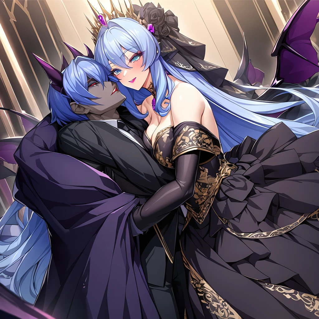 ((Highest quality)), ((masterpiece)), (detailed), (Perfect Face)、The woman is hugging and kissing the great evil demon king man、The woman is the evil queen, Extia, with medium-long blue hair, a gorgeous black wedding dress with gold embroidery and trim, a black wedding veil, an engagement ring, gorgeous accessories, lipstick and makeup, and a dignified, beautiful evil queen.、The woman looks happy、The man is a great and powerful demon king, favored by the majestic demons.