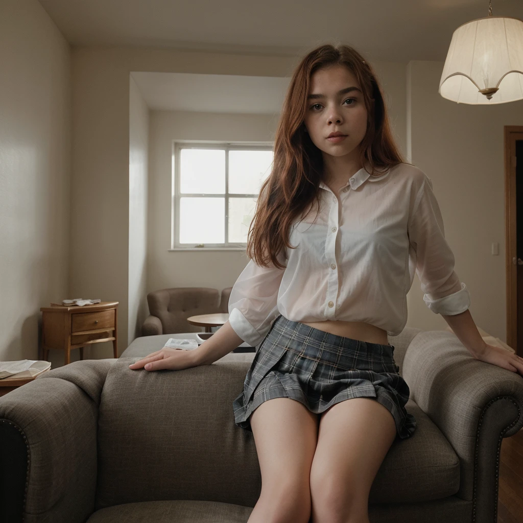 A 13-year-old young girl similar ti Chloë Grace Moretz,redheaded girl with long hair, wearing a transparent white shirt and blue plaid mini skirt, sitting in a large armchair in a room with demon masks on the walls and red spotlights, in the style of Eyes Wide Shut, with lighting inspired by Stanley Kubrick, ultra-realistic, perfect hands, photorealistic, perfect body, sexy body of a ****************, high quality, masterpiece, great detail, 88mm, panoramic shot