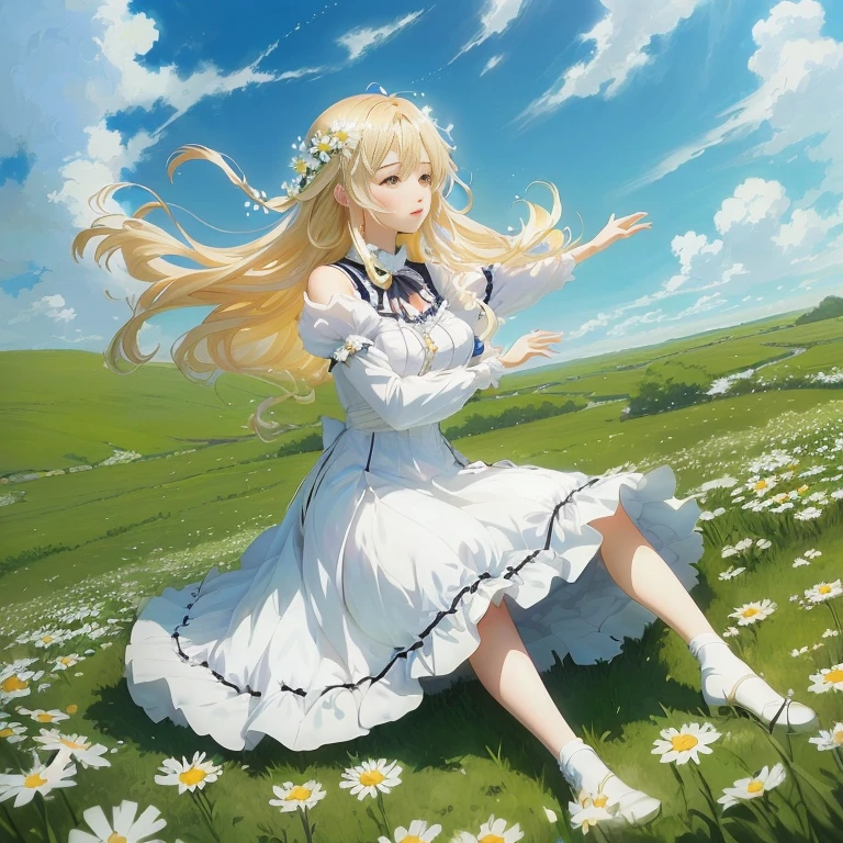 anime girl in a white dress sitting in a field of daisies, in dress, anime visual of a cute girl, , blonde anime girl with long hair, smooth anime cg art, zerochan art, violet evergarden, marisa kirisame, daytime ethereal anime, rin, anime best girl, splash art anime , official anime artwork