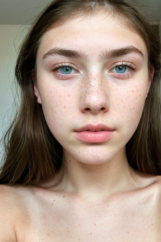 really pretty 18 years old girl. Brown hair. Innocent face. Straight looking to the camera. Facing the camera. Light blue eyes. Freckles. Unique face. Beautiful eyes. Really Thick eyebrows. Thin nose. Freckles and nice skin. Big cheekbones. Thin eyes. Small upper lip. Fat bottom lip.