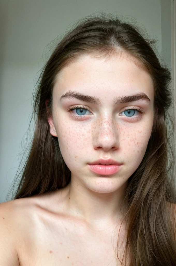 really pretty 18 years old girl. Brown hair. Innocent face. Straight looking to the camera. Facing the camera. Light blue eyes. Freckles. Unique face. Beautiful eyes. Really Thick eyebrows. Thin nose. Freckles and nice skin. Big cheekbones. Thin eyes. Small upper lip. Fat bottom lip. 