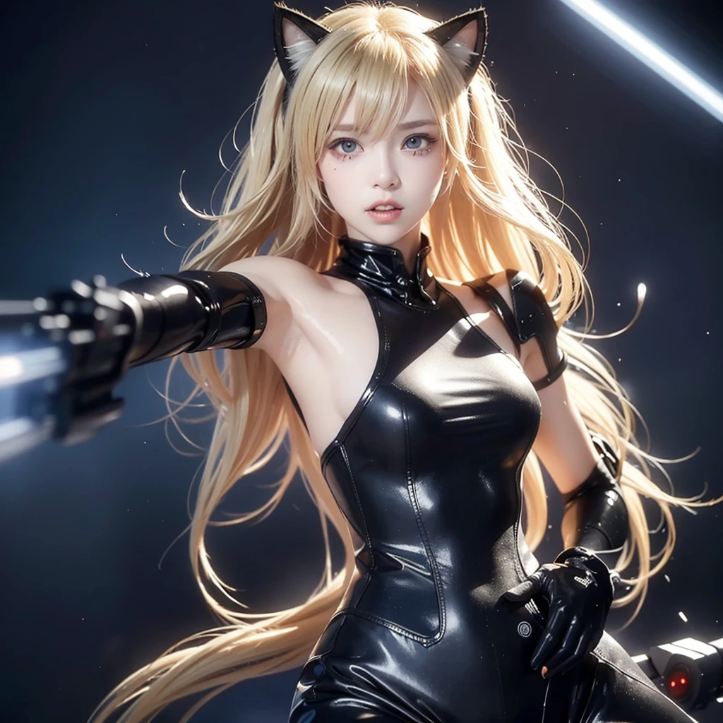 "Create an image of a blonde-haired character with cat ears, wearing a futuristic outfit, holding a sniper rifle. The character looks extremely panicked and flustered after missing a shot, with wide eyes, exaggerated facial expression, and sweat drops flying off their face. The background remains a high-tech, cyberpunk environment."