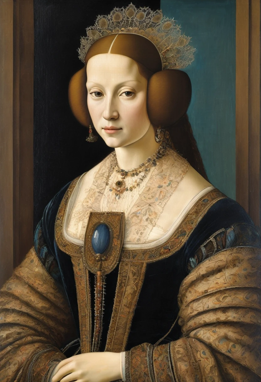 A mesmerizing portrait of La dama del armiño, or the Lady in the Fur, painted by the renowned artist Leonardo da Vinci. The subject is adorned in a luxurious fur-trimmed gown, with a delicate lace collar and a lace-trimmed headdress. Her rich, dark eyes exude a sense of intelligence and strength. The background is a harmonious blend of earthy tones, with a subtle hint of a landscape visible through the window. The overall ambiance of the painting is serene and captivating, showcasing the artist's mastery of light and shadow.