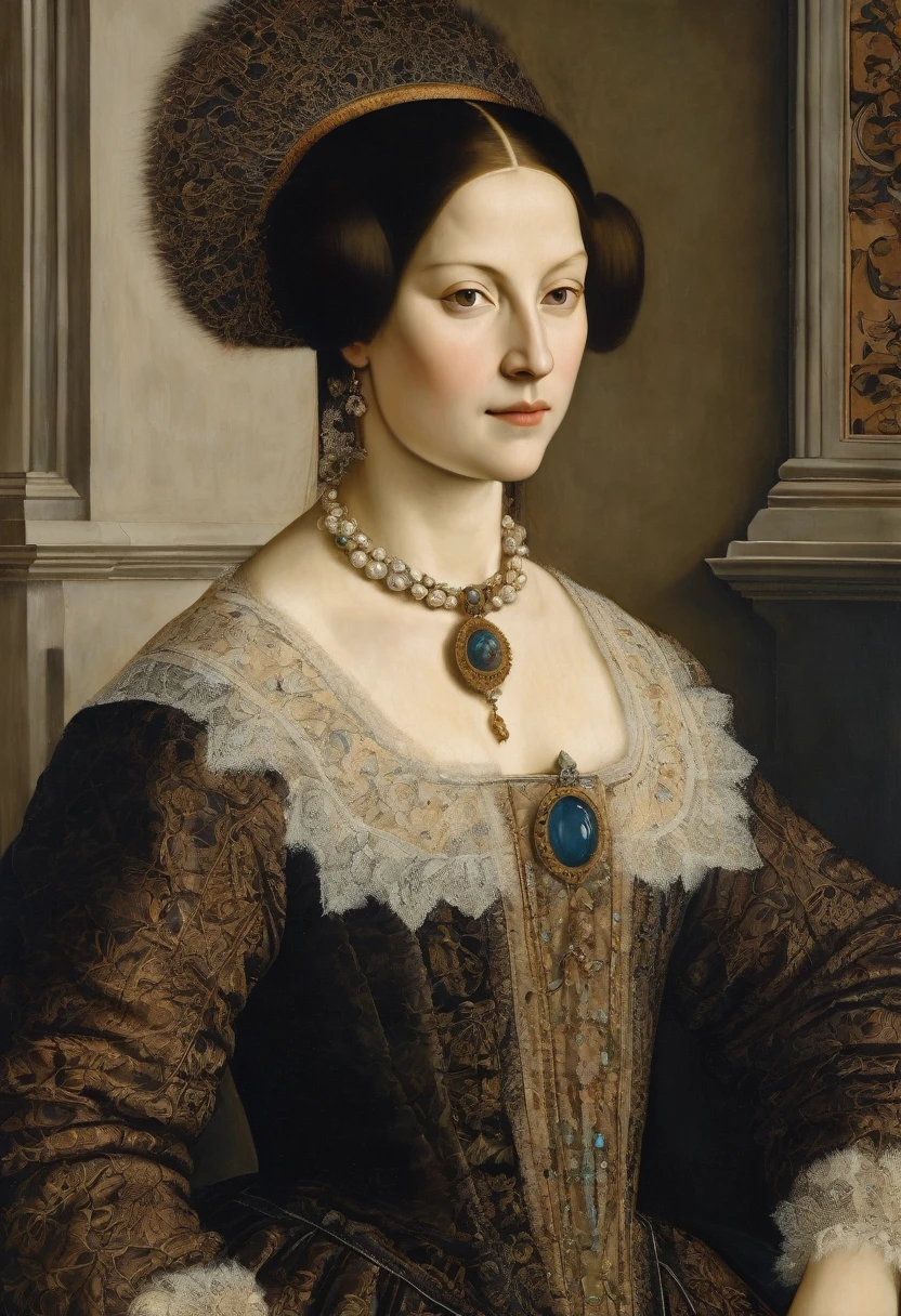 A mesmerizing portrait of La dama del armiño, or the Lady in the Fur, painted by the renowned artist Leonardo da Vinci. The subject is adorned in a luxurious fur-trimmed gown, with a delicate lace collar and a lace-trimmed headdress. Her rich, dark eyes exude a sense of intelligence and strength. The background is a harmonious blend of earthy tones, with a subtle hint of a landscape visible through the window. The overall ambiance of the painting is serene and captivating, showcasing the artist's mastery of light and shadow.