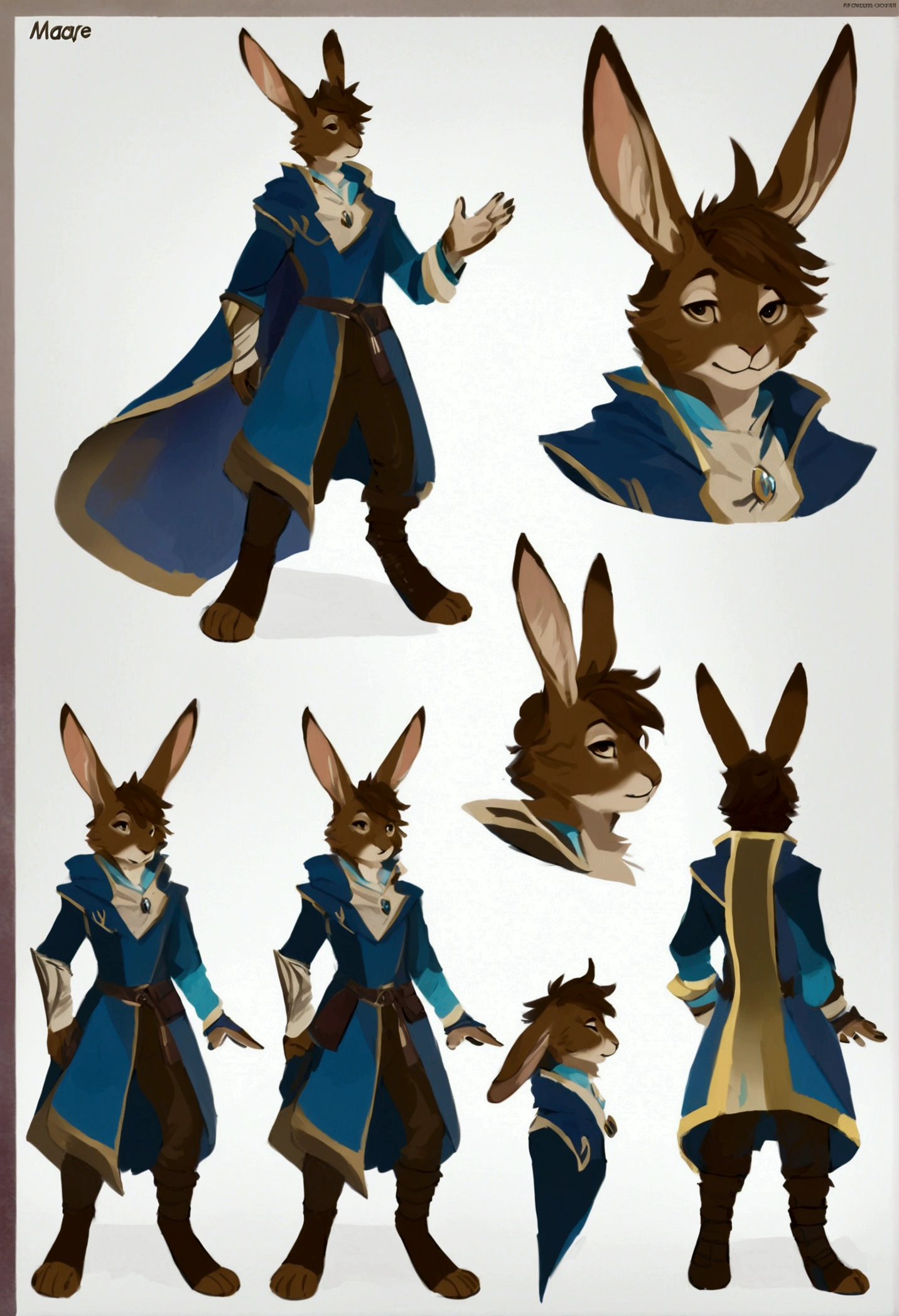 ,(Solo), concept art, anthro male rabbit, brown fur, brown hair, mage, clothes, reference, single character