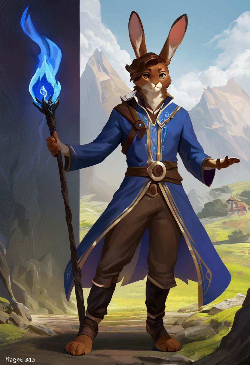  ,(Solo), concept art, anthro male rabbit, brown fur, brown hair, mage, clothes, reference, single character