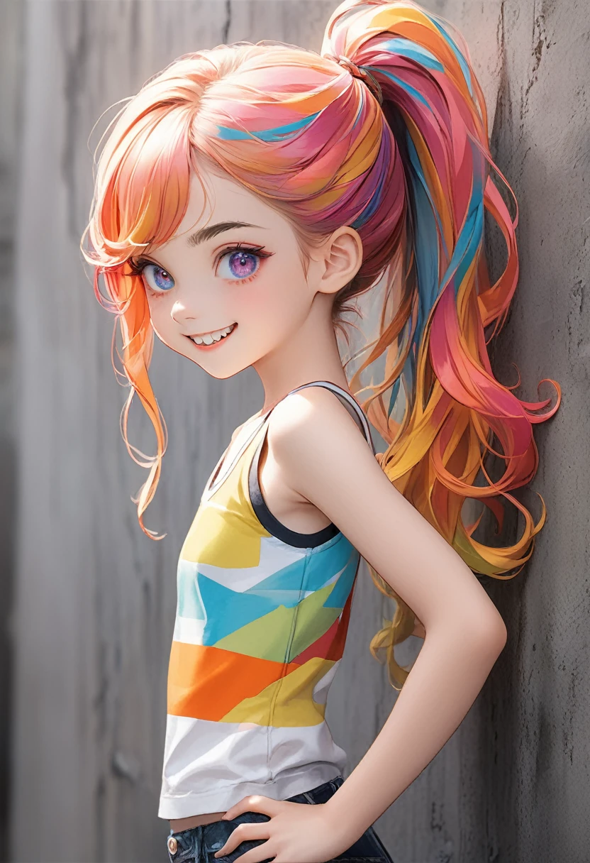 (colorful), ((Masterpiece)), ((best quality)), (sketch:0.3), (RAW photo:1.2), (High Definition:1.3), (Professional Photography:1.3), (sharp focus), (perfect light), from side, ((12 years old)), cute young Girl, Glossy unruly hair, (swept bangs), (colorful hair), high ponytail long hair, big eyes, (long eyelashes), ((Thin and short eyebrows)), colorful eyes, (naughty smile), open mouth, jagged teeth, joy, (cute tanktop), bare arms, medium breast, (place hand on hip), gothic makeup, (old concrete background),