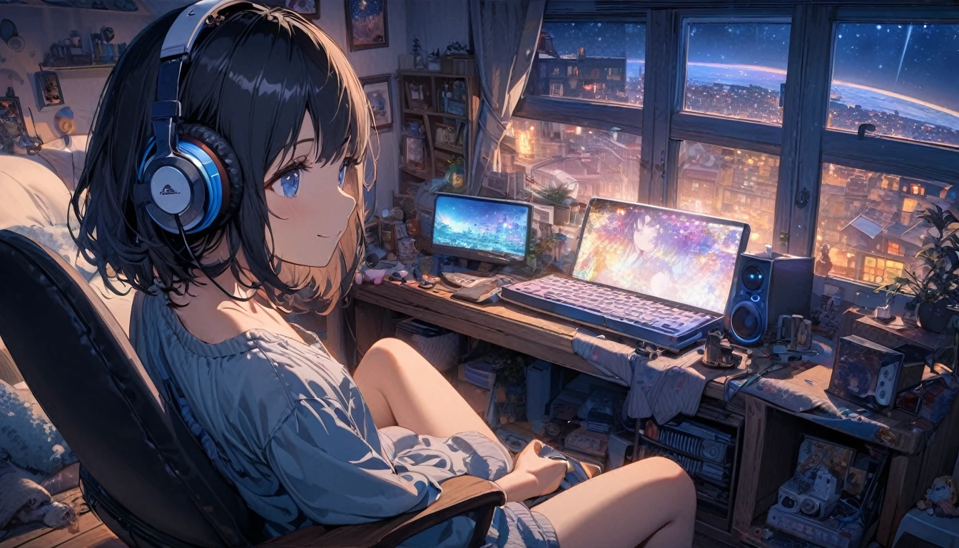 beautiful 1girl, solo, gentle smile on her face flat chest, short hair, black hair, blue eyes, Beautiful depiction,girl sitting in front of a computer in a cozy bedroom, girl listening to music in a cozy room (night), Using headphones, on the roof, (beautiful night views from windows), lots of things,very detailed, hard disk, surreal
