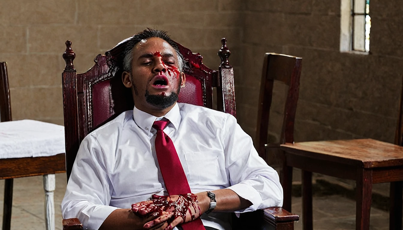 Christian pastor with a bleeding hand tied to a chair