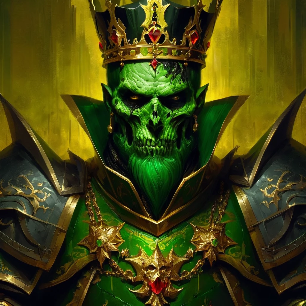 medieval portrait of the zombie king, royal outfit green gold black, armors, undead, fancy, trends on ArtStation, art by Mike Azevedo and Alex Negrea