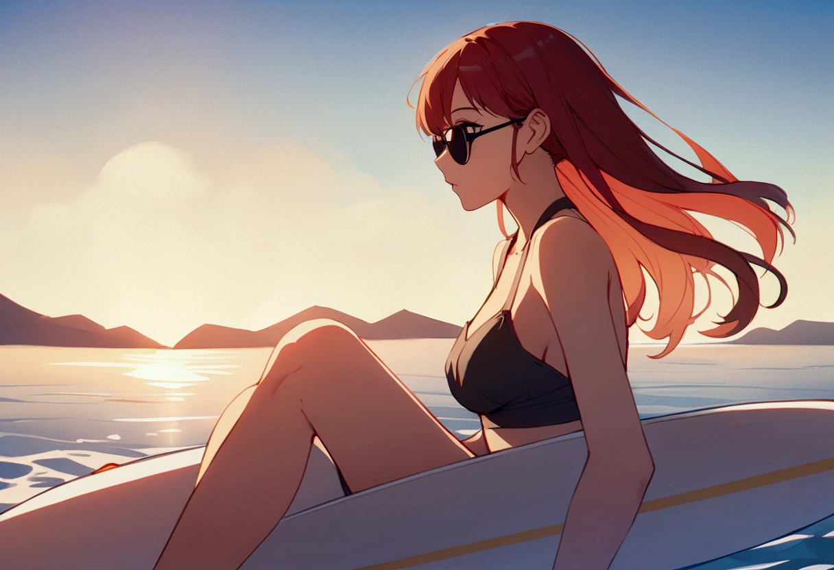 Beautiful redhead Asian girl floating on a surfboard in the evening sea, Waiting for the waves、Sandy Beach、Check out Ramune&#39;s profile、Perfect Face、sunglasses、Sandy Beach、White Surfboard、Neon Black、（Backlight 1:1）、 Hard Shadows, masterpiece, Highest quality, Complex, Model shooting style, Vintage, Film Grain, Incomplete details、Xin Haichen、Ghibli Studio