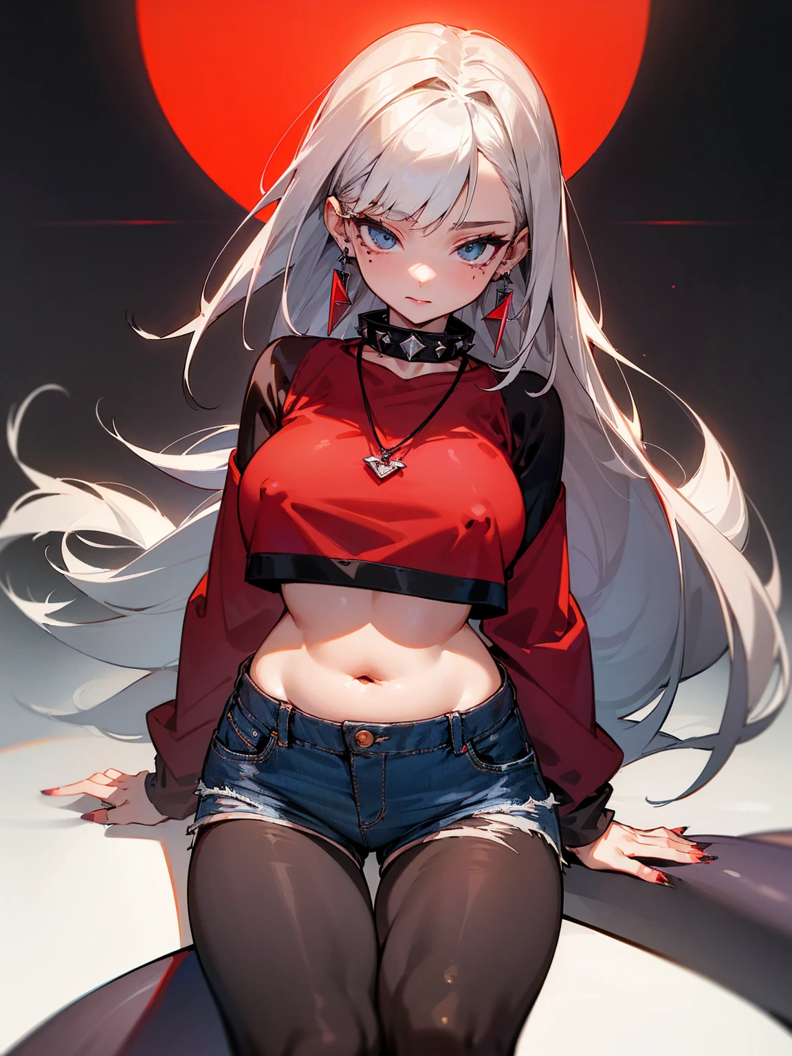 ((Long Straight Silver hair)), Perfect face, Choker, Punk earrings, ((Tall)), ((High Quality)), Necklace, ((Mature)), Pretty Eyes, Sharp Nails, Bangs, ((1 Girl)), ((Multiple Earrings)), 1 girl, Spiky Earrings, Adult, Spiked Collar, Thin Eyelashes, Black Background, Red Colors in Background, Vampire Girl, Long Tail, Large Tail, Massive Tail, Shark Tail, ((Jean Shorts)), ((Long Sleeve Crop Top)), Close Up, Very Short Mini Skirt, Tall, Long Legs, Dynamic Pose, Black Tail, 2 moles under left eye, Pantyhose, Vibrant Colors, Close Up, Sexy, Suggestive, Sexually Suggestive, Thick, Thick Body, Plump, Plumpy, NSFW, Naked, Nipples, Vagina,