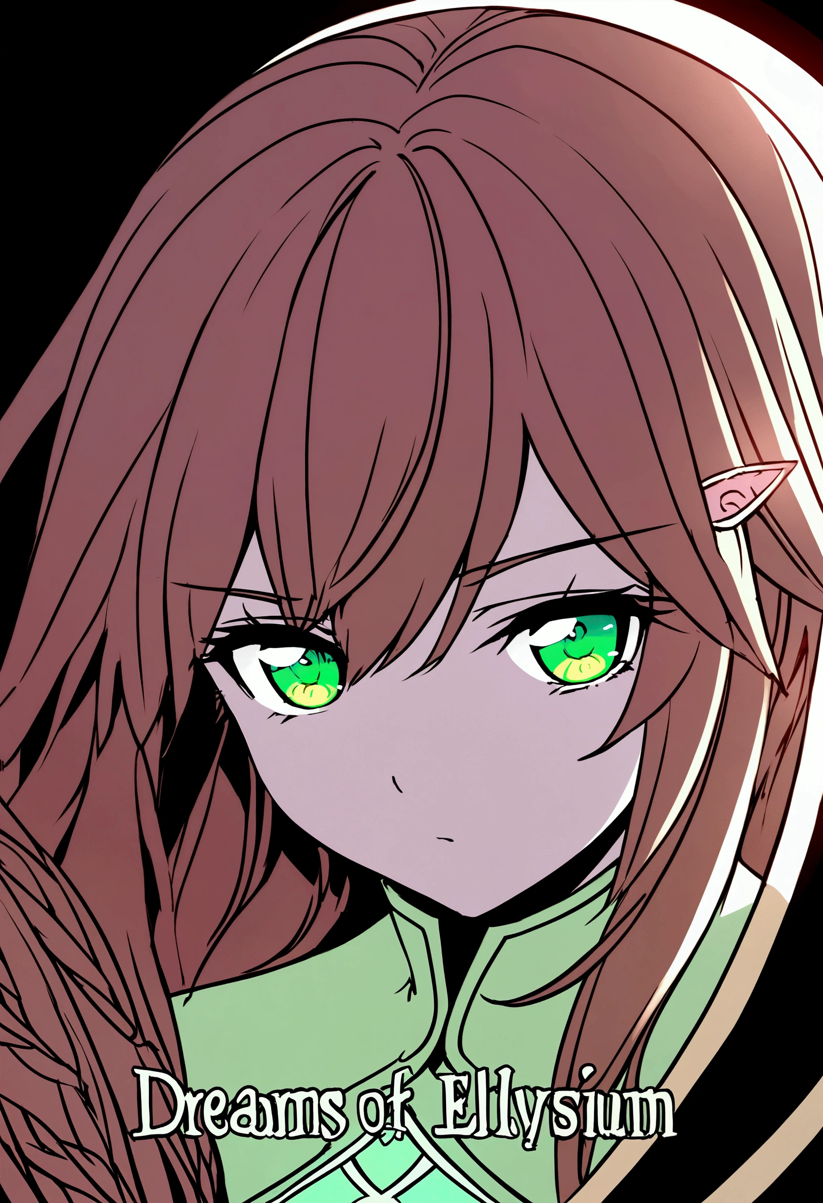 Dreams of Elysium title, dark fantasy, elven woman with long brown hair, dressed in black, green eyes, "dreams of elysium" written in runic font