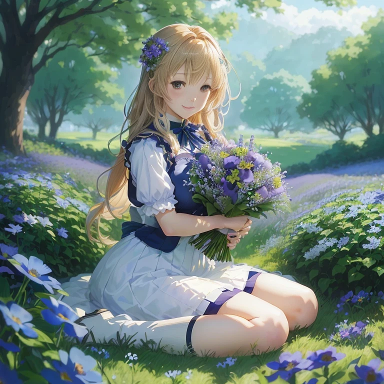 anime girl sitting in a field of flowers holding a bouquet, violet evergarden, anime visual of a cute girl, marin kitagawa fanart, blue flower field, official artwork, marisa kirisame, in a field of flowers, rin, beatrice blue, with flowers, serene smile, smooth anime cg art, a maid in a magical forest, she is the center of the garden