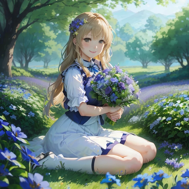 anime girl sitting in a field of flowers holding a bouquet, violet evergarden, anime visual of a cute girl, marin kitagawa fanart, blue flower field, official artwork, marisa kirisame, in a field of flowers, rin, beatrice blue, with flowers, serene smile, smooth anime cg art, a maid in a magical forest, she is the center of the garden