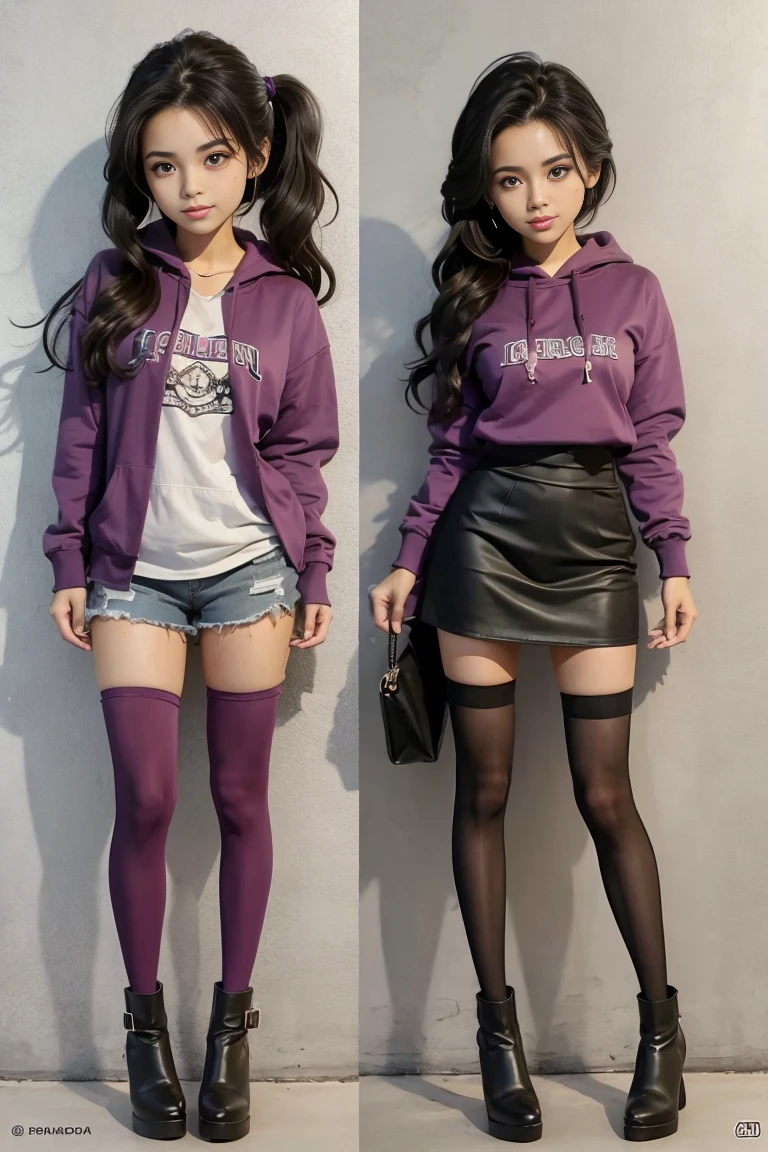 conjoined_dicephalus, two heads, conjoined, 2heads, girl with two heads instead of one, 2head, cuerpo curvilineo, brazos curvilineos, shorts, ropa abrigada, piernas curvilineas, anime cartoon, using a purple hoodie, each head has a ponytail, anatomia proporcionada, torso ancho, pechos medianos, full body, perspectiva en picada, platform boots, black boots, black skirt, pantyhose, black high heels Bored, mature woman,