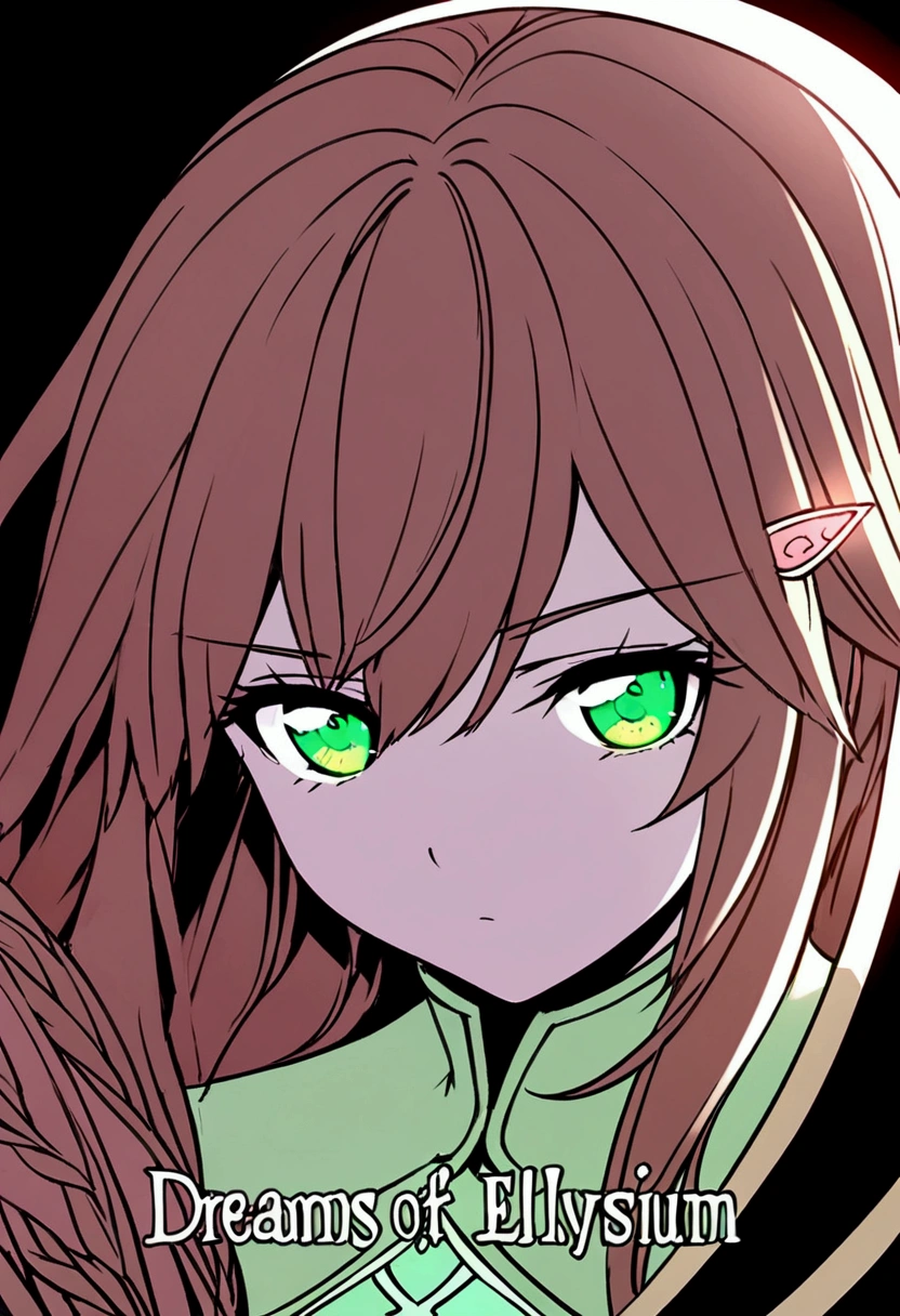Dreams of Elysium title, dark fantasy, elven woman with long brown hair, dressed in black, green eyes, "dreams of elysium" written in runic font