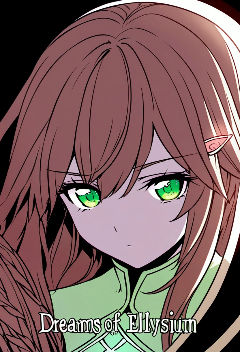 Dreams of Elysium title, dark fantasy, elven woman with long brown hair, dressed in black, green eyes, "dreams of elysium" written in runic font