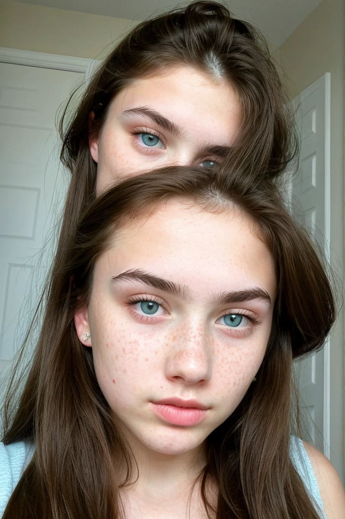 really pretty 18 years old girl. Brown hair. Innocent face. Straight looking to the camera. Facing the camera. Light blue eyes. Freckles. Unique face. Beautiful eyes. Really Thick eyebrows. Thin nose. Freckles and nice skin. Big cheekbones. Thin eyes. Tiny upper lip. Fat bottom lip.