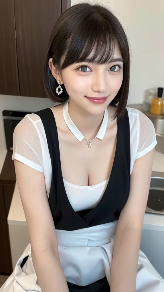 (High resolution、High resolution、high quality、High resolution、Draw everything in high resolution)、Vivid crystal light blue eyes、Very small diamond-shaped earrings、Look straight at the camera、Listen carefully、light in your eyes、droppy big eyes,Beautiful very short black hair、Beautiful hair with beautiful and very short bangs、Straight beauty Bang、Beautiful neckline、Beautiful 20 years old、Lip gloss、Long neck、smile、Beautiful teeth alignment、beauty、Beautiful woman、(naked white shirt with collar, black cafe naked apron, panty:1.15)、(medium breasts,cleavage,slender waist:1.10),Lengthen the left and right ends of your bangs、Beautiful composition、Beautiful Supermodel、Naked from the waist up,(sitting with spreading legs in the kitchen,panty in skirt:1.25)