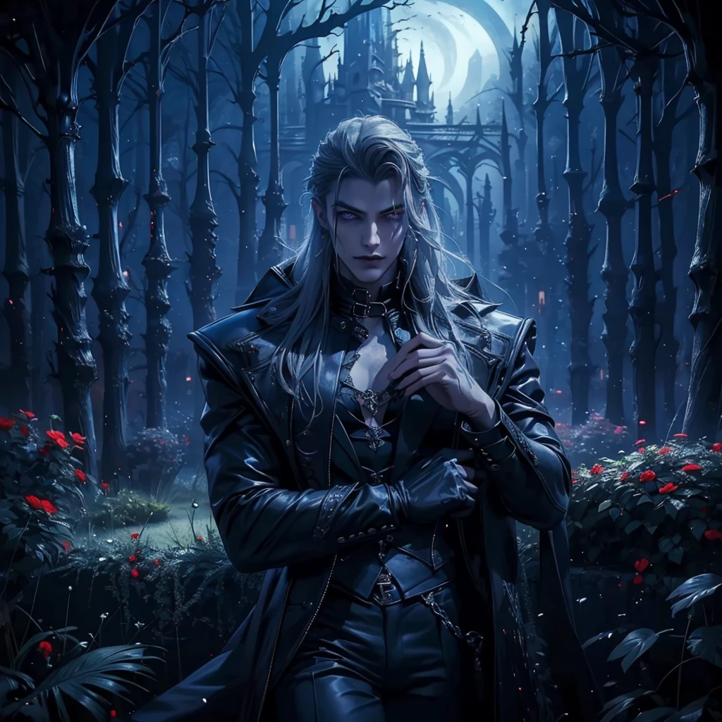 ((Best quality)), ((masterpiece)), 8k (detailed), ((perfect face)), ((entirebody)) perfect proporcions, He is a handsome vampire, he is taking an electric blue storm sword, he is 18 years old, gothic makeup, he has long grey hair, he poses sensually, he is in a garden at night, ((perfect face)) ((vampire ambience))