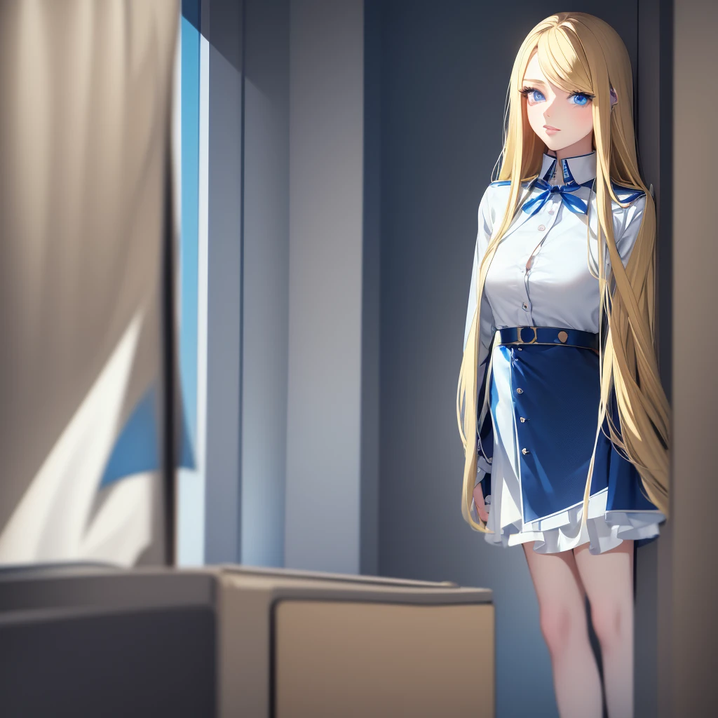 Screencap Blue Lock, a young woman with blue eyes and a beautiful long and blonde hair, big eyelashes, full lips with lip gloss. She wears a uniform consisting of a white shirt and a black skirt. She is animated a the anime style of the anime Blue Lock. captura de pantalla blue Lock, animada ala estilo del anime Blue Lock