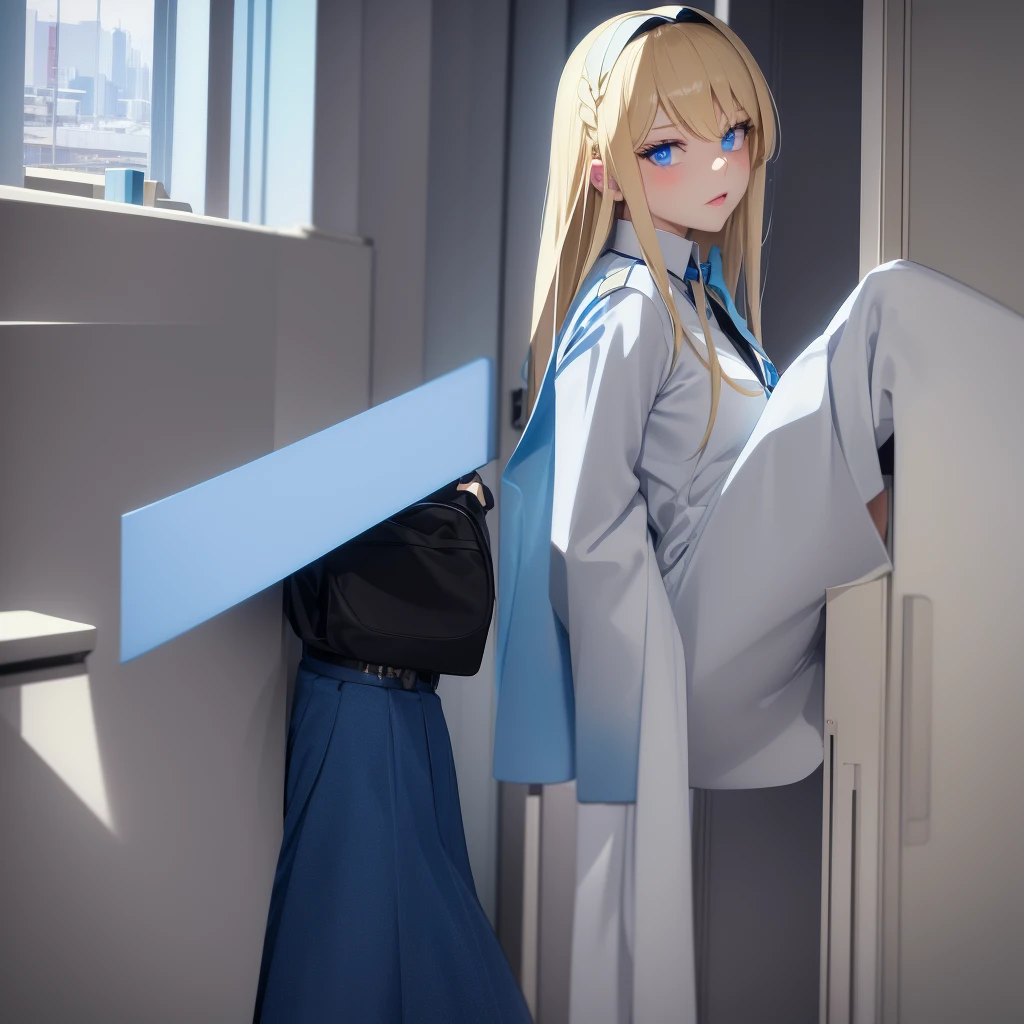 Screencap Blue Lock, a teenager young woman with blue eyes and a beautiful long and blonde hair, big eyelashes, full lips with lip gloss. She wears a uniform consisting of a white shirt and a black skirt. She is animated a the anime style of the anime Blue Lock. captura de pantalla blue Lock, animada ala estilo del anime Blue Lock