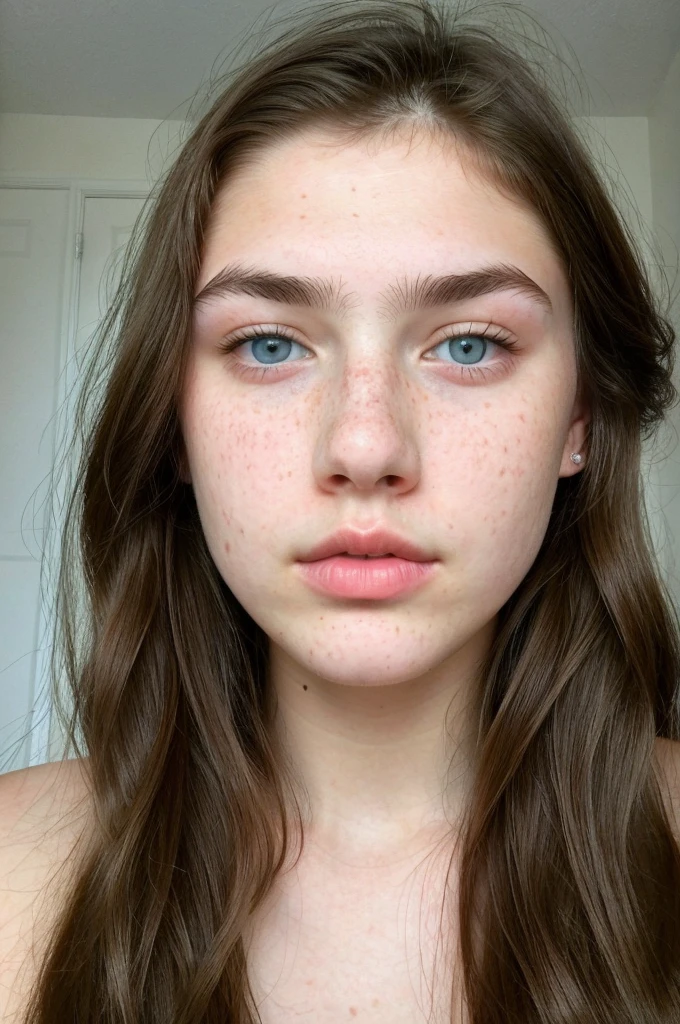  really pretty 18 years old girl. Brown hair. Innocent face. Straight looking to the camera. Facing the camera. Light blue eyes. Freckles. Unique face. Beautiful eyes. Really Thick eyebrows. Really Thin nose. Freckles and nice skin. Big cheekbones. Thin eyes. Tiny upper lip. Fat bottom lip.