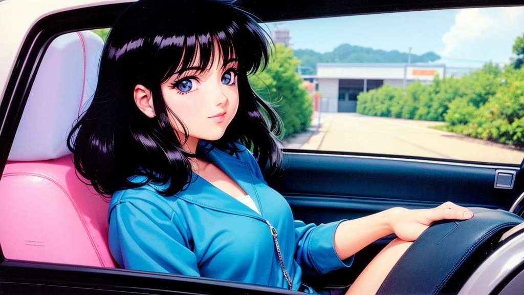 One beautiful energetic woman、Black Hair、sitting in the passenger seat of a car、80Retro anime style of the 1980s、Vivid colors、Image of a woman from inside a car、Happy profile、alone、