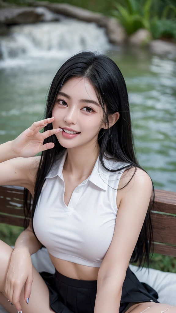 (Highest quality)、(Realistic:1.4)、(Crying Mole:1.4)、(High School Uniform:1.4)、((masterpiece,Highest quality:1.4))、(8k:1.4)、(The whole body gets wet with water:1.4)、(Focus on the upper body:1.4)、(skirt-lift:1.4)、alone、bangs、Look straight into the lens、Brown eyes、Big smile、alone、Heavy makeup、(Black panties:1.4)、(garter belt)、(Big Breasts:1.4)、Small Mouth、(Long black hair:1.4)、One Girl、28 years old、((Perfect Fingers:1.4))、(Detailed facial depiction:1.4)、Symmetrical body、(Symmetrical eyes:1.1)Symmetrical face、There is a shadow、Droopy eyes、(Spread your legs:1.4)、Long eyelashes、Double teeth、(Aligning your teeth:1.4)、Sharp contours、Shooting with a single-lens reflex camera、Korean Idol、Sleep on your back、Thin and well-formed eyebrows