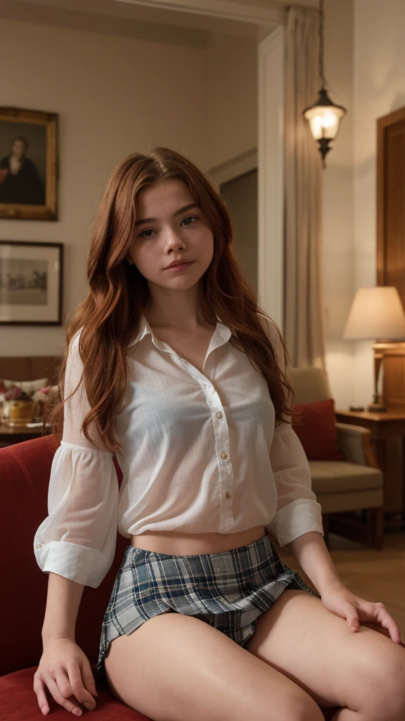 A -yeld yo girl similar ti Chloë Grace Moretz,redheaded girl with long hair, wearing a transparent white shirt and blue plaid mini skirt, sitting in a large armchair in a room with demon masks on the walls and red spotlights, in the style of Eyes Wide Shut, with lighting inspired by Stanley Kubrick, ultra-realistic, perfect hands, photorealistic, perfect body, sexy body of a 13-year-o gihigh lity, masterpiece, great detail, 88mm,