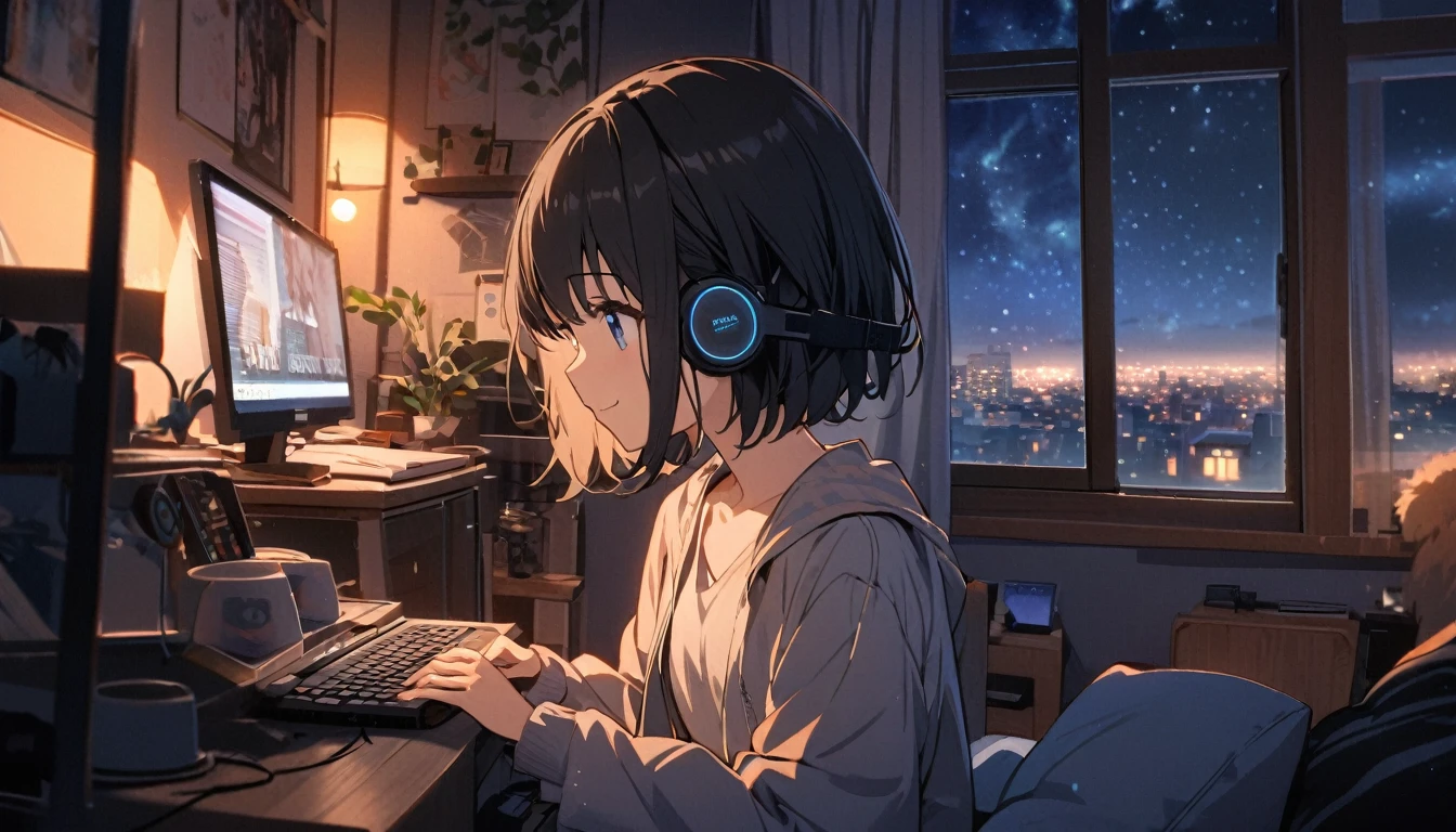 beautiful 1girl, solo, gentle smile on her face flat chest, short hair, black hair, blue eyes, Beautiful depiction,girl sitting in front of a computer in a cozy bedroom, girl listening to music in a cozy room (night), Using headphones, on the roof, (beautiful night views from windows), lots of things\
