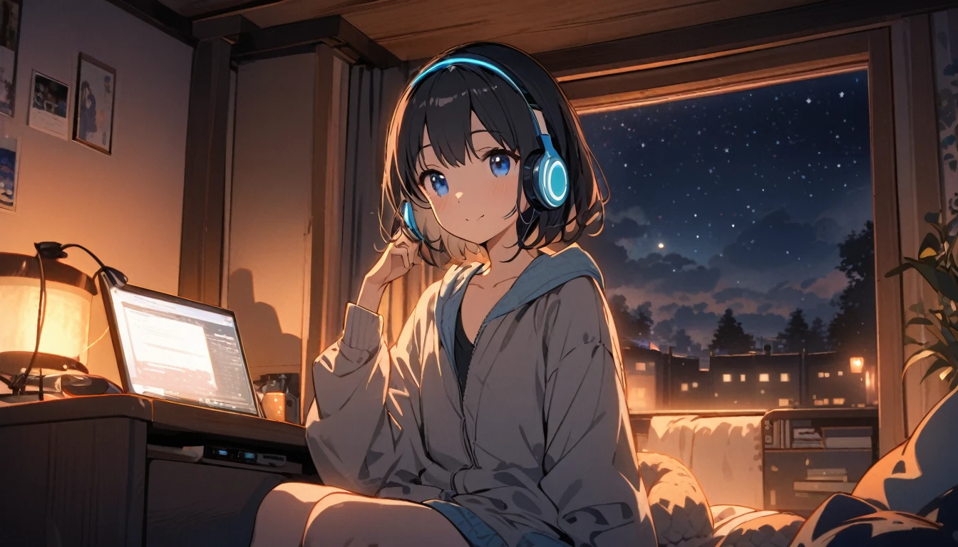 beautiful 1girl, solo, gentle smile on her face flat chest, short hair, black hair, blue eyes, Beautiful depiction,girl sitting in front of a computer in a cozy bedroom, girl listening to music in a cozy room (night), Using headphones, on the roof, (beautiful night views from windows), lots of things\