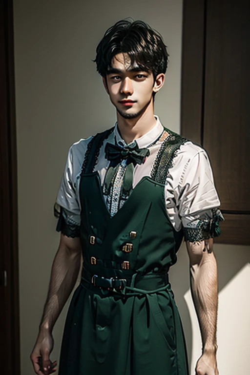 Young man wearing long green dress 