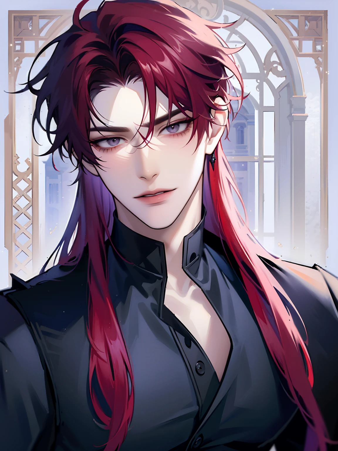 (masterpiece, 8k, high quality, best quality:1.6), 1boy, solo, long hair, white and red hair, asymmetrical fringe, black eyes, handsome, sharp eyes, (mature male, mature:1.2), male focus, fashionable, tucked in open purple collared shirt, necklace, indoors, castle, dark blue wallpaper, close up, smile, long eyelashes, soft shadows, perfect anatomy