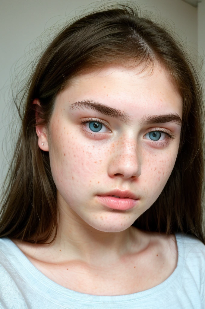 really pretty 18 years old girl. Brown hair. Innocent face. Straight looking to the camera. Facing the camera. Light blue eyes. Freckles. Unique face. Beautiful eyes. Really Thick eyebrows. Really Thin nose. Freckles and nice skin. Big cheekbones. Thin eyes. Tiny upper lip. Fat bottom lip.