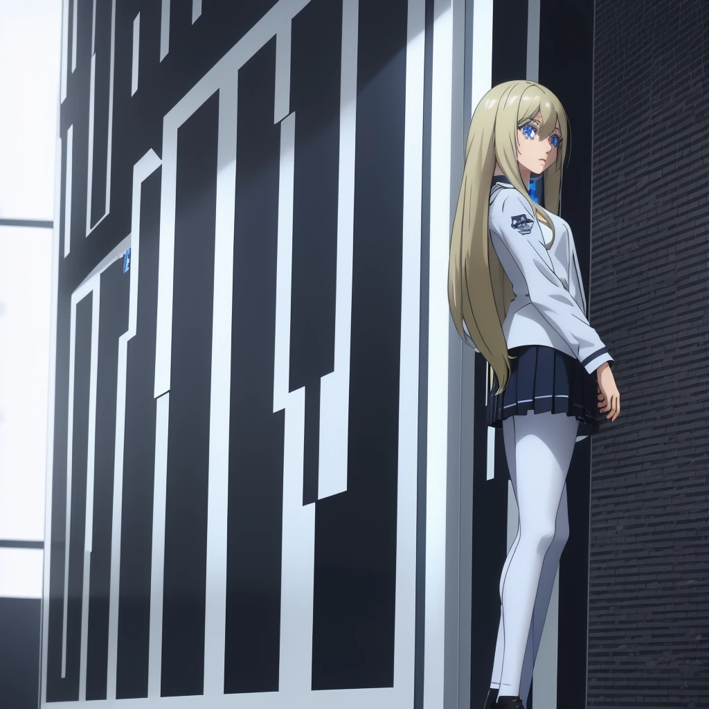 Screencap Blue Lock, a  young woman with blue eyes and a beautiful long and blonde hair, big eyelashes, full lips with lip gloss. She wears a uniform consisting of a white shirt and a black skirt. She is animated a the anime style of the anime Blue Lock. captura de pantalla blue Lock, animada ala estilo del anime Blue Lock