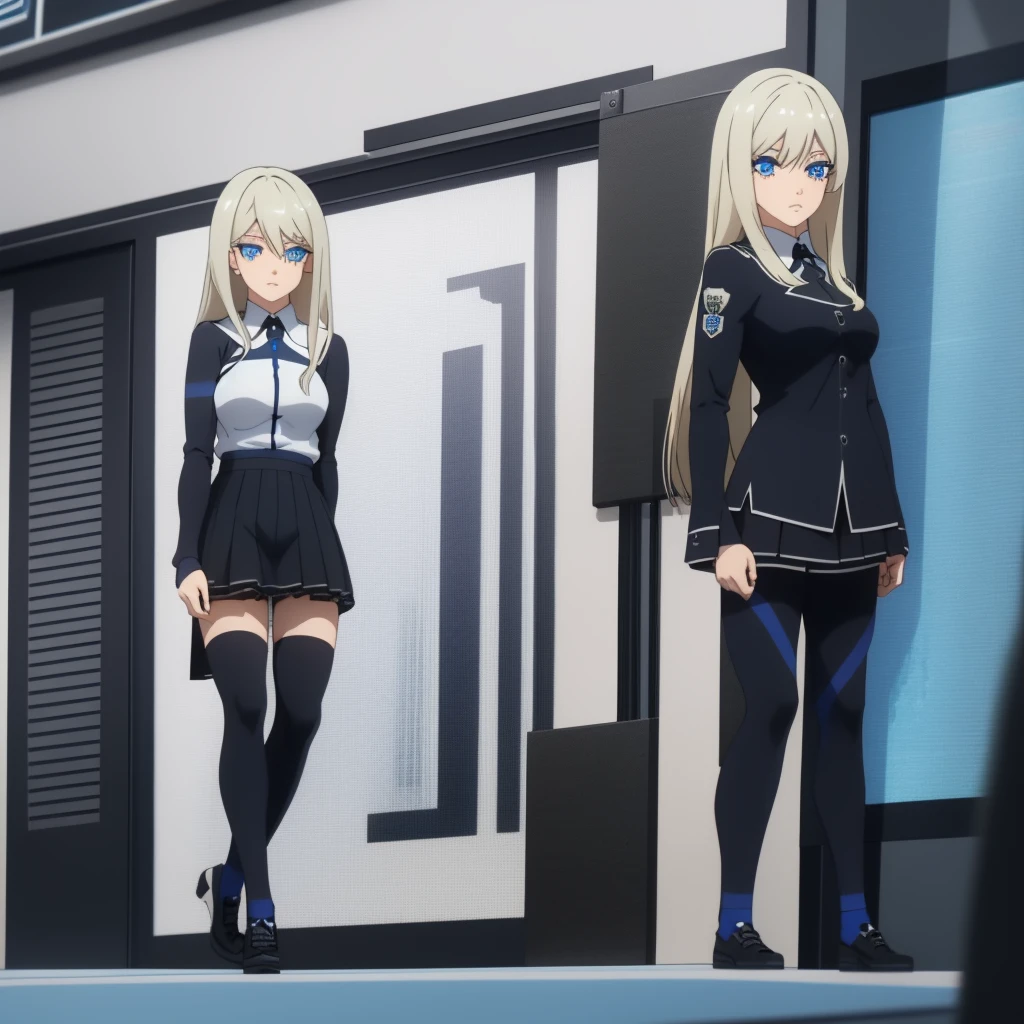Screencap Blue Lock, a teenager young woman with blue eyes and a beautiful long and blonde hair, big eyelashes, full lips with lip gloss. She wears a uniform consisting of a white shirt and a black skirt. She is animated a the anime style of the anime Blue Lock. captura de pantalla blue Lock, animada ala estilo del anime Blue Lock
