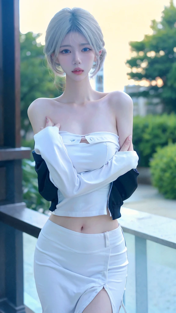 Beautiful woman with perfect figure:1.4,Ultra-high resolution,White legs,Put your hands behind your back,Swimming background,Big breasts:1.6,(Realism:1.4),perspective,Layered hairstyle,Snow white skin,JK:1.5,Super short pleated skirt,whole body:1.4,Very delicate and skin texture,Double eyelids,Skin Whitening,Long hair,White hair