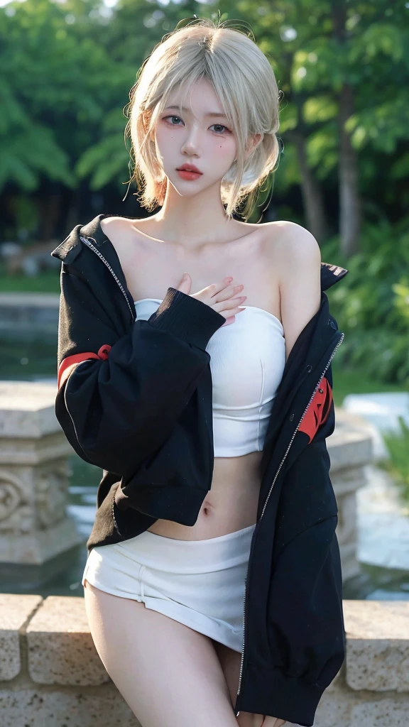 Beautiful woman with perfect figure:1.4，snow，Touching butt with both hands，snow背景，Layered Hairstyle，White skin，Prominent cleavage，Pleated Skirt，whole body，Very delicate face and skin texture，Double eyelids，Skin Whitening，Long white hair